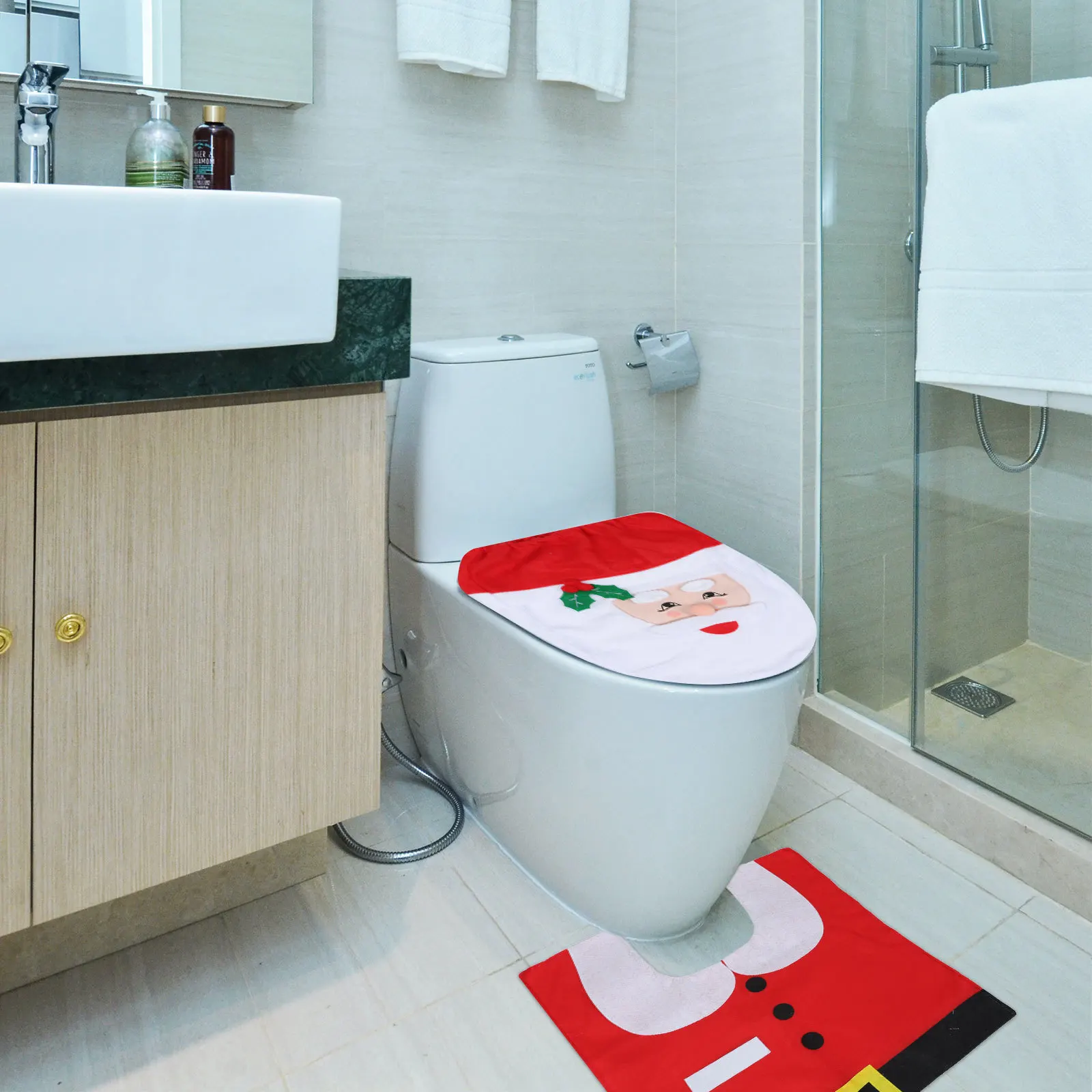 

1Set Christmas Santa Toilet Cover Set Decorative Lid Tank Floor Mat Xmas Bathroom Mat Festive Toilet Decor Water Tank Cover