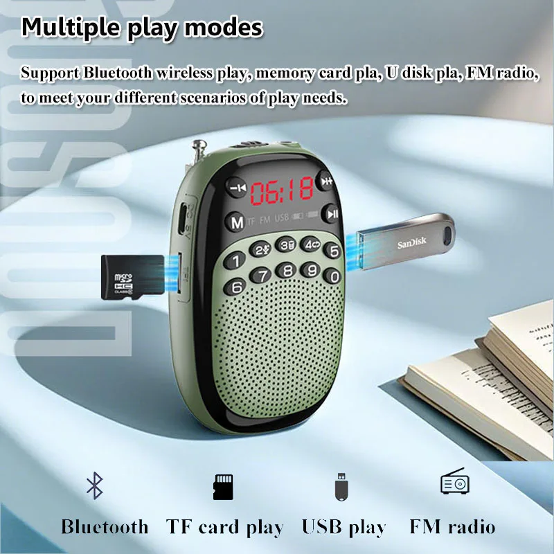 Mini bolso rádio fm portátil recarregável dsp rádios sem fio bluetooth alto-falante gravação interna e externa tf usb reprodução de música