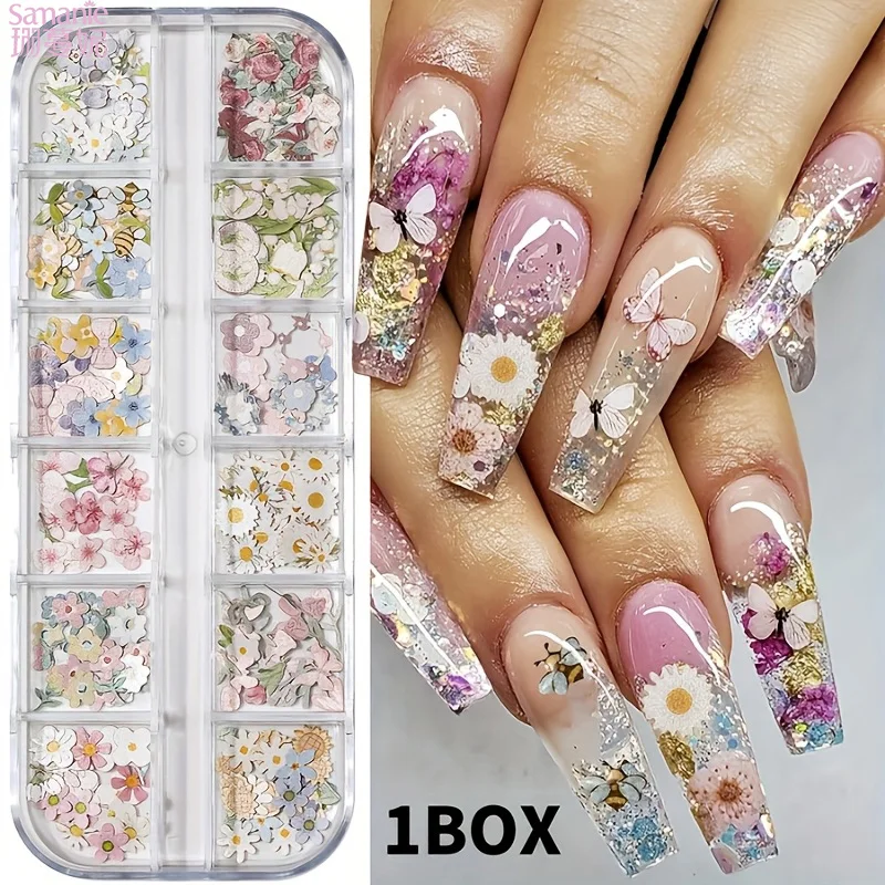 12 Grids Mixed Flower Bee Butterfly Paper Nail Art Slices Ultra Thin Paper Nail Decor Pieces DIY Manicure Supplies for Salon Home Nail Art