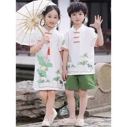 Summer Cute Lotus Dragonfly Tang Suit Cheongsam Boys Girls Twins Chinese Style Chorus Performance Clothing Online Chinese Store