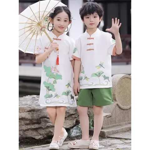 Summer Cute Lotus Dragonfly Tang Suit Cheongsam Boys Girls Twins Chinese Style Chorus Performance Clothing Online Chinese Store