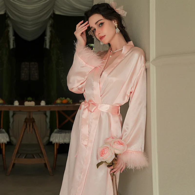 

Свадебный халат-кимоно для невесты и подружек невесты, женский атласный халат с перьевыми рукавами, однотонная ночная сорочка, домашняя одежда для сна и отдыха