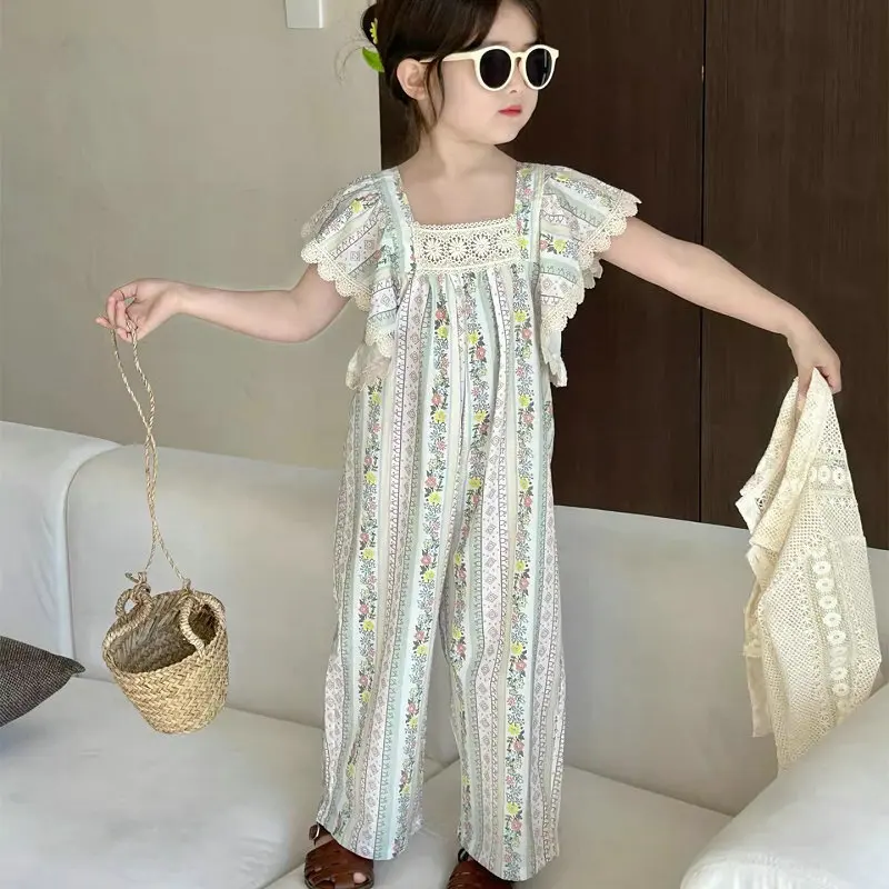 Children's Clothing Girls' Set Hollow Out Mesh Jacket Top with Floral Patterned Jumpsuit2025Summer New Fashion Foreign Trade
