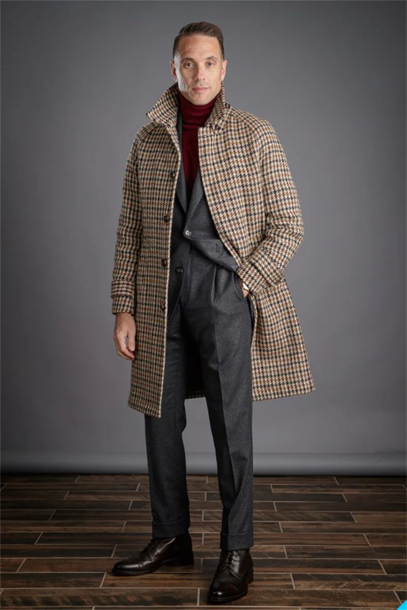 Literature And Art Retro Houndstooth Men Suits 1 Pcs Long Coat Single-breasted Lapel Thick Wool Winter Warm Overcoat Custom Made