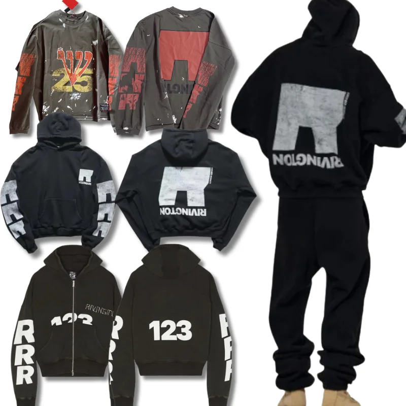 

RRR-123 Толстовка с двойной молнией и вышитым логотипом, уличная модная повседневная свободная мужская и женская городская толстовка с капюшоном в стиле хип-хоп