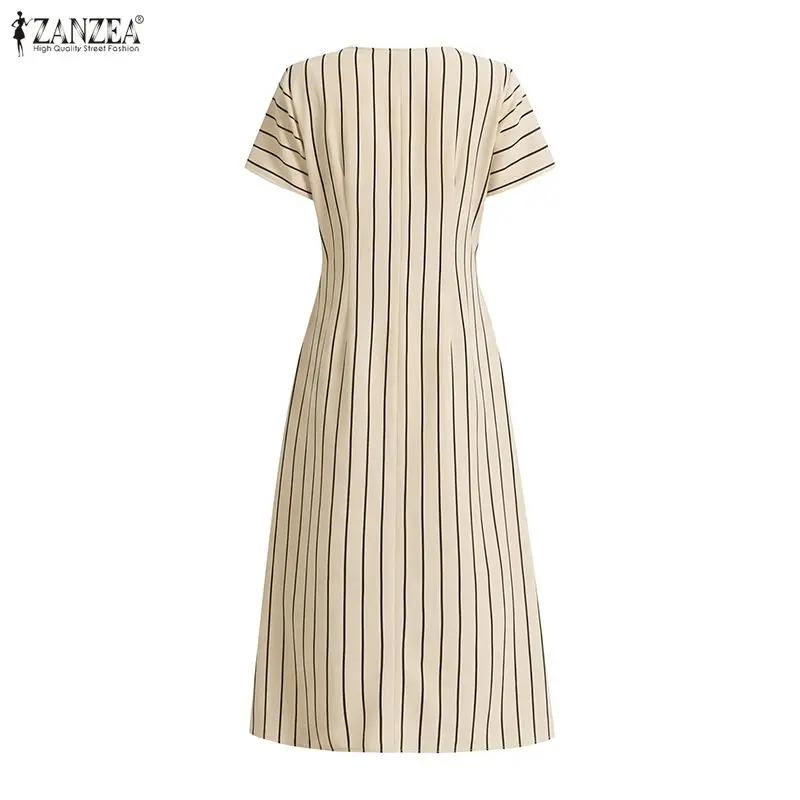 ZANZEA Stilvolles Damen-Kleid mit O-Ausschnitt und kurzen Ärmeln, gestreift, Sommerkleid, OL-Arbeitskleid, elegantes A-Linien-Midikleid mit Taille, Freizeitkleider – Detail 15