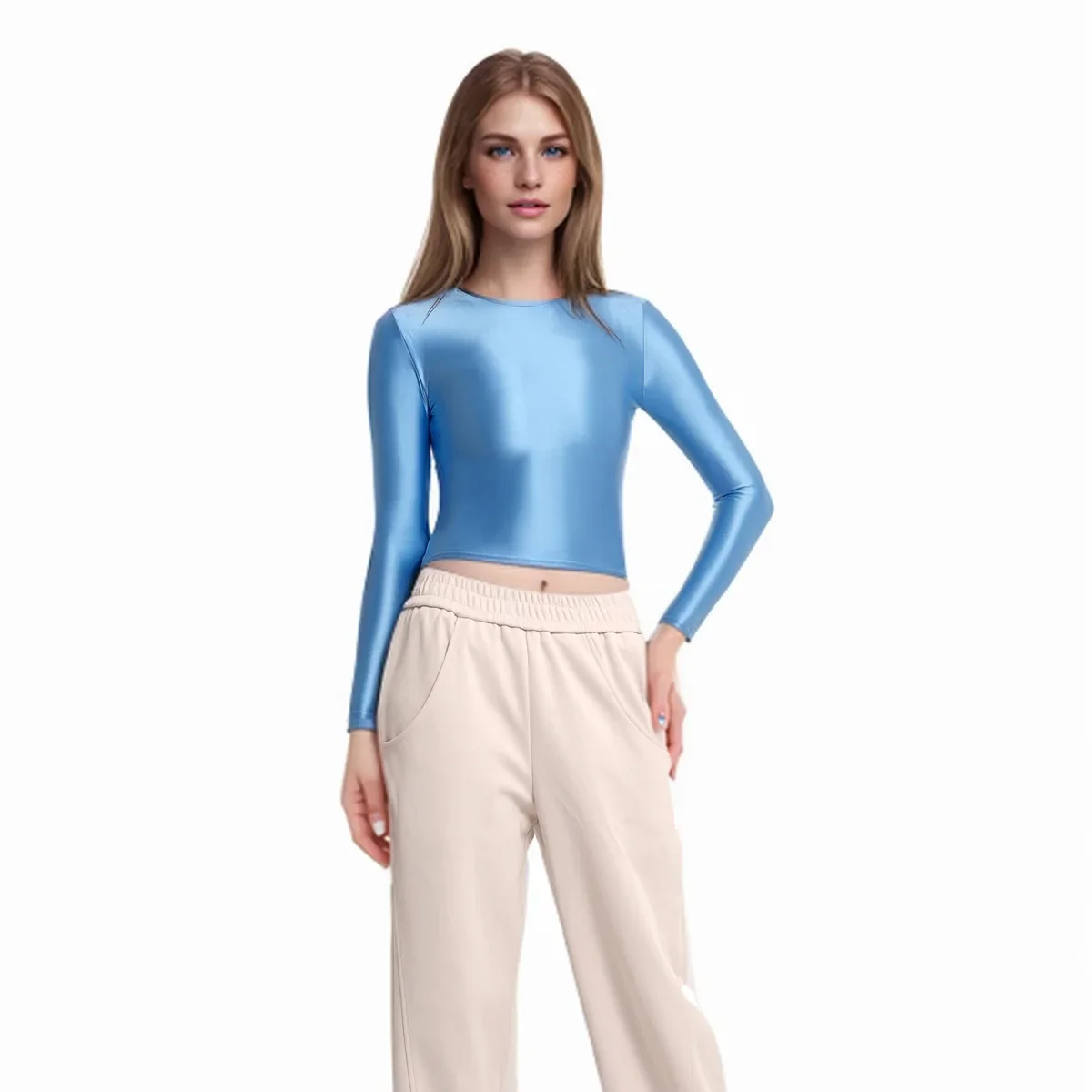 MJINM Women's Glossy Satin Smooth Elastic Round Neck Short Shirts Long Sleeve Base Casual T-shirts Fitness Yoga Tight Solid Tops