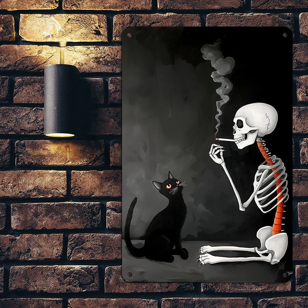 Arte de pared de Metal con calaveras y gatos, hierro, Vintage, blanco y negro, decorativo, con agujeros para fácil colgar, adecuado para el hogar y la Oficina, 1 ud.