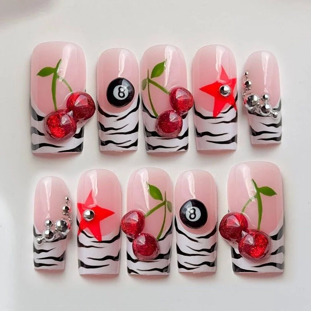 

XL Square French 3D Cherry Press On Nails Art Party Sticker Handwork Zebra Print Star Billiard Design Nude Pink White Fake Nail