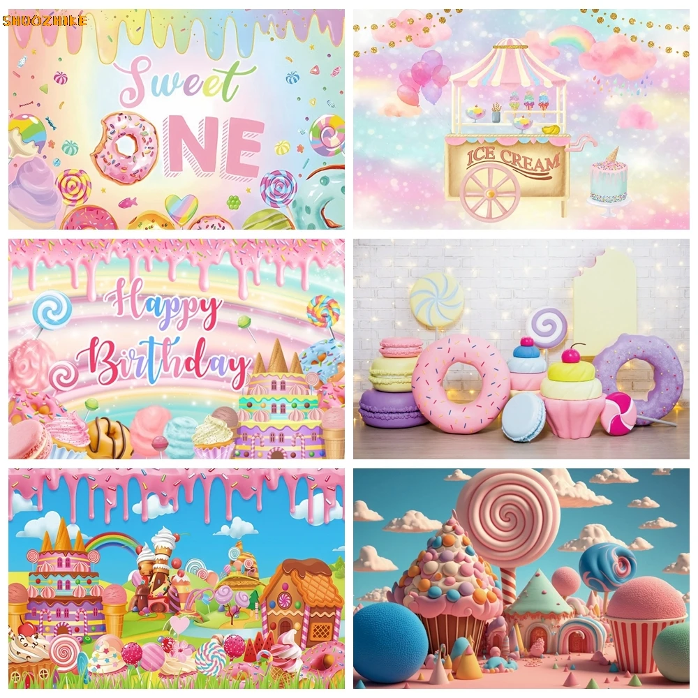 

Candy Shop Theme Backdrop Ice Cream Car Cupcake Lollipop Sweet Baby Birthday Party Photography Background Decor Photo Studio