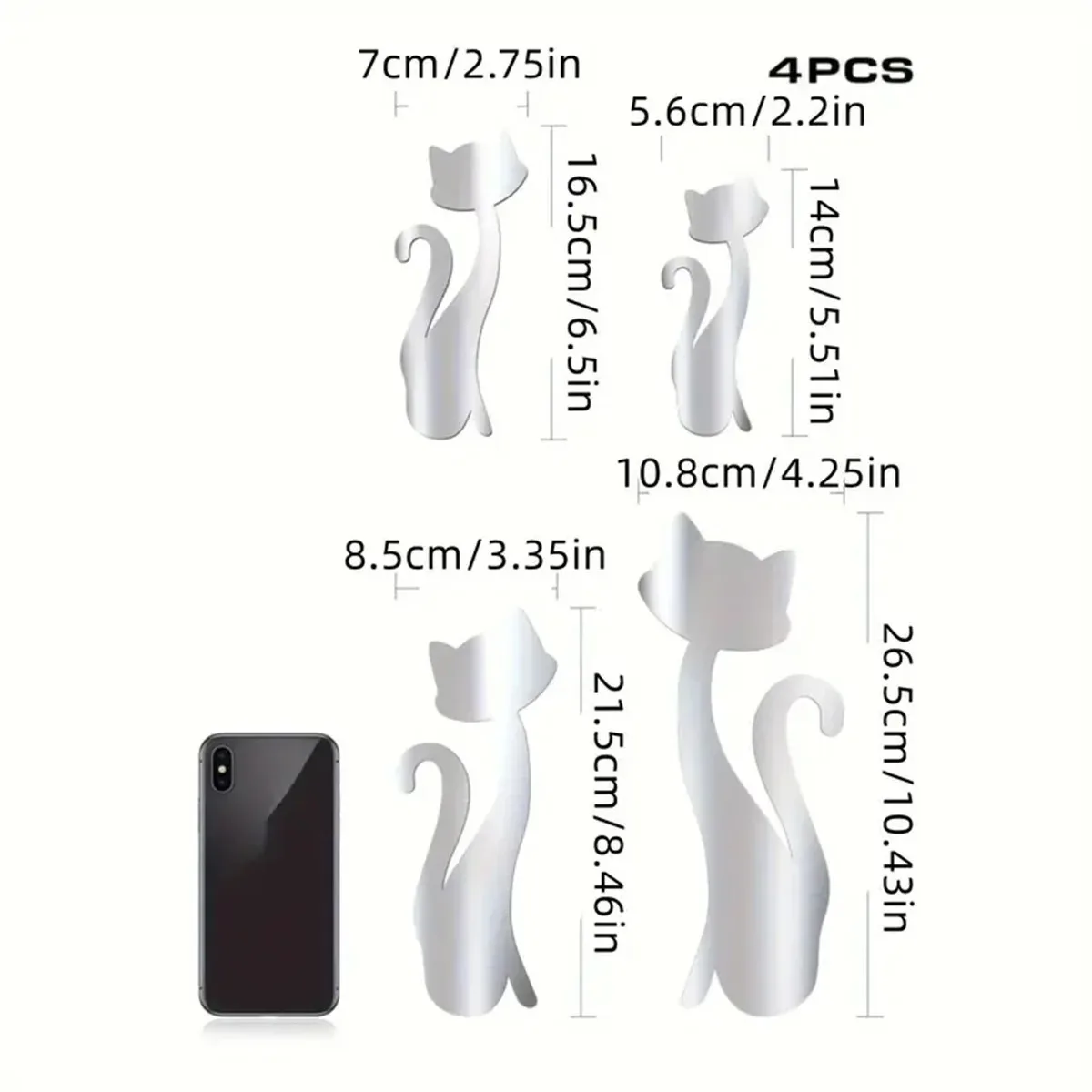 4PCS Four Cat Removable Mirror Sticker Stereoscopic Stickers for Living Room Art Home Decor Mural Wall Decoration