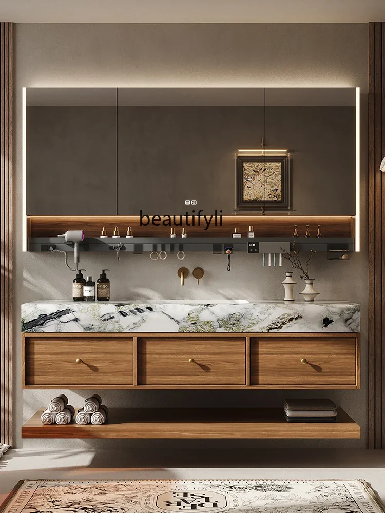 

High-end custom walnut color bathroom cabinet combination marble washbasin wash basin