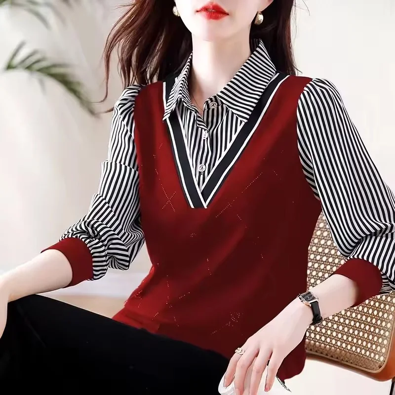 ใหม่หญิง High-end ปลอม 2 ชิ้นแฟชั่นลายเสื้อฤดูใบไม้ผลิฤดูใบไม้ร่วงผู้หญิงเสื้อแขนยาวเสื้อสุภาพสตรีเสื้อ