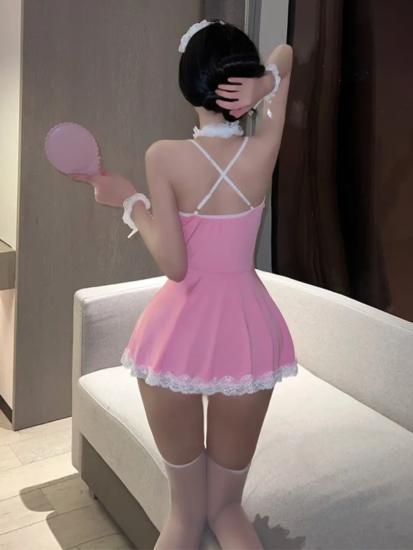 الوردي البسيطة تانك الحلو فستان الخامس الرقبة القمم القوس جميل القمم 2023 مثير حار فتاة مقوس دانتيل فستان بحزام 2023 موضة جديدة شير P8SH