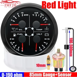 Red Light 4 IN 1 85mm Gauge Oil Pressure+Water Temperature+Fuel Level Gauge+Voltmeter with Sensor 0-190 ohm Auto Car 12V Custom