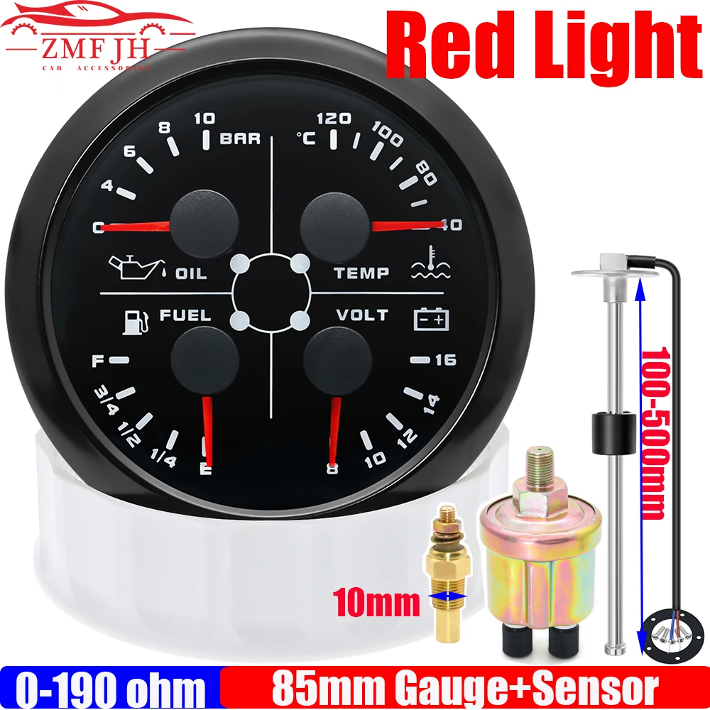 Red Backlight 4 IN 1 85mm Gauge Oil Pressure+Water Temperature+Fuel Level Gauge+Voltmeter with Sensor 0-190 ohm Auto Car 12V