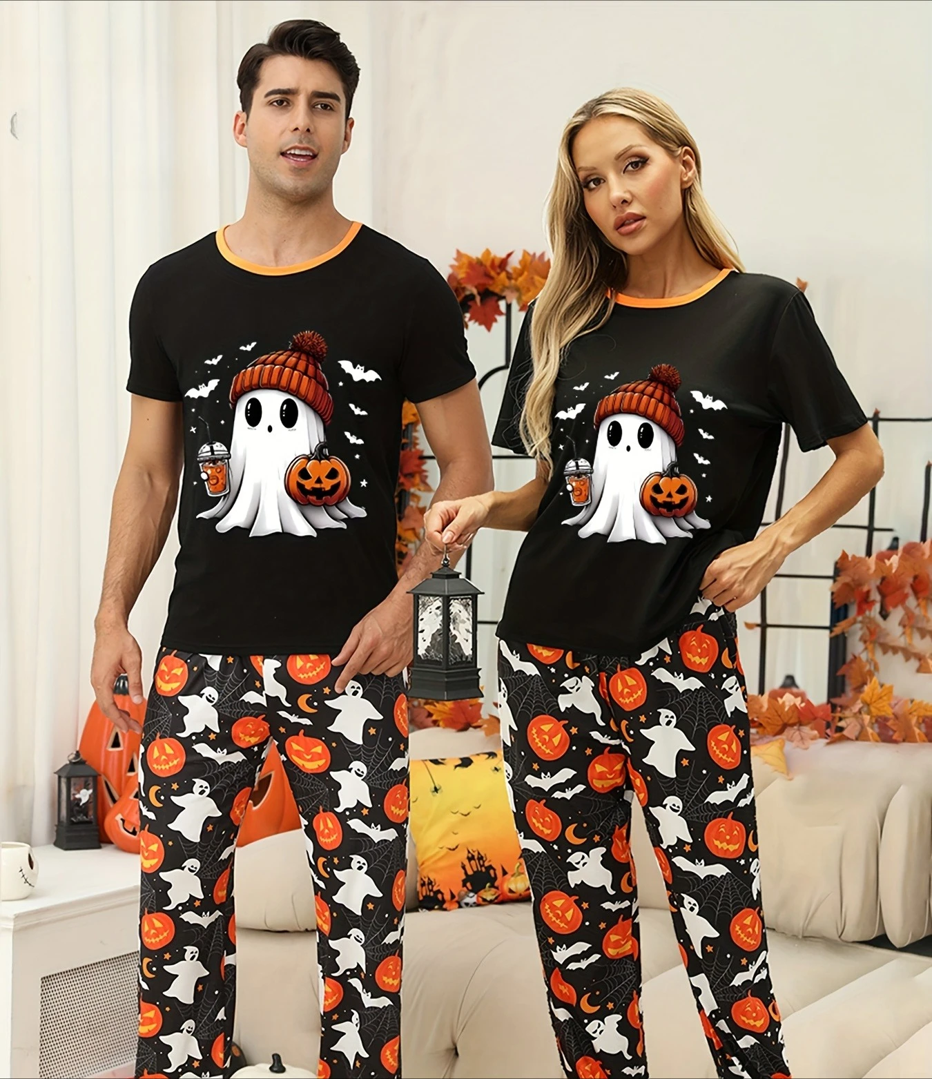 

Pumpkin Ghost Bat Full 3D Printed Couple's Pajama Set, Women's and Men's T-shirts, Pants, Loose Home Couple Halloween Dress