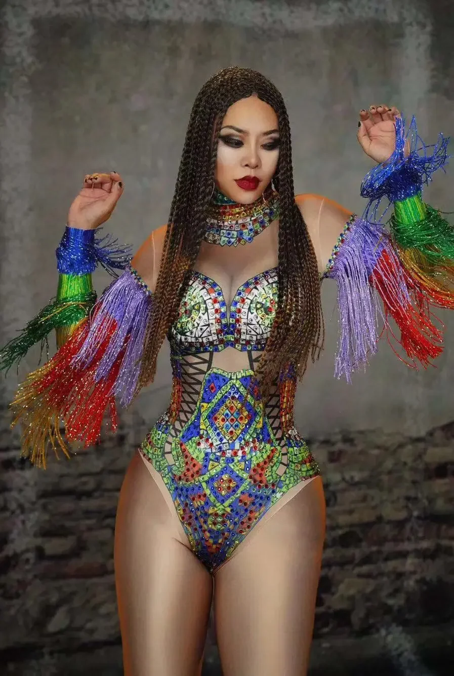 Sexy Tassel Glisten Crystals Bodysuit Bar DJ Sexy Singer Dancer Dance Costume Fringe Sleeve Rhinestones Tights Stage Wear