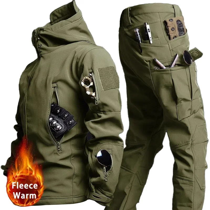 Winter Shark Skin Soft Shell Sets Men Military Fleece Warm Jackets+Multi-pocket Cargo Pants 2 Pcs Suits Waterproof Tactical Set