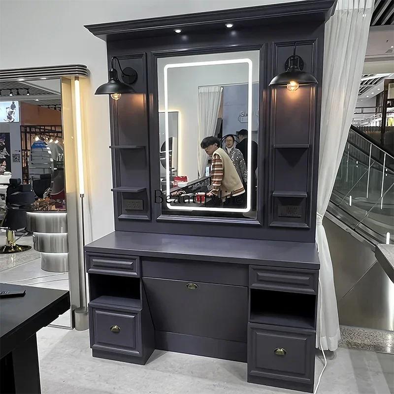 Barber shop mirror table hair  retro men's mirror hair cut solid wood perm and dye mirror with lamp