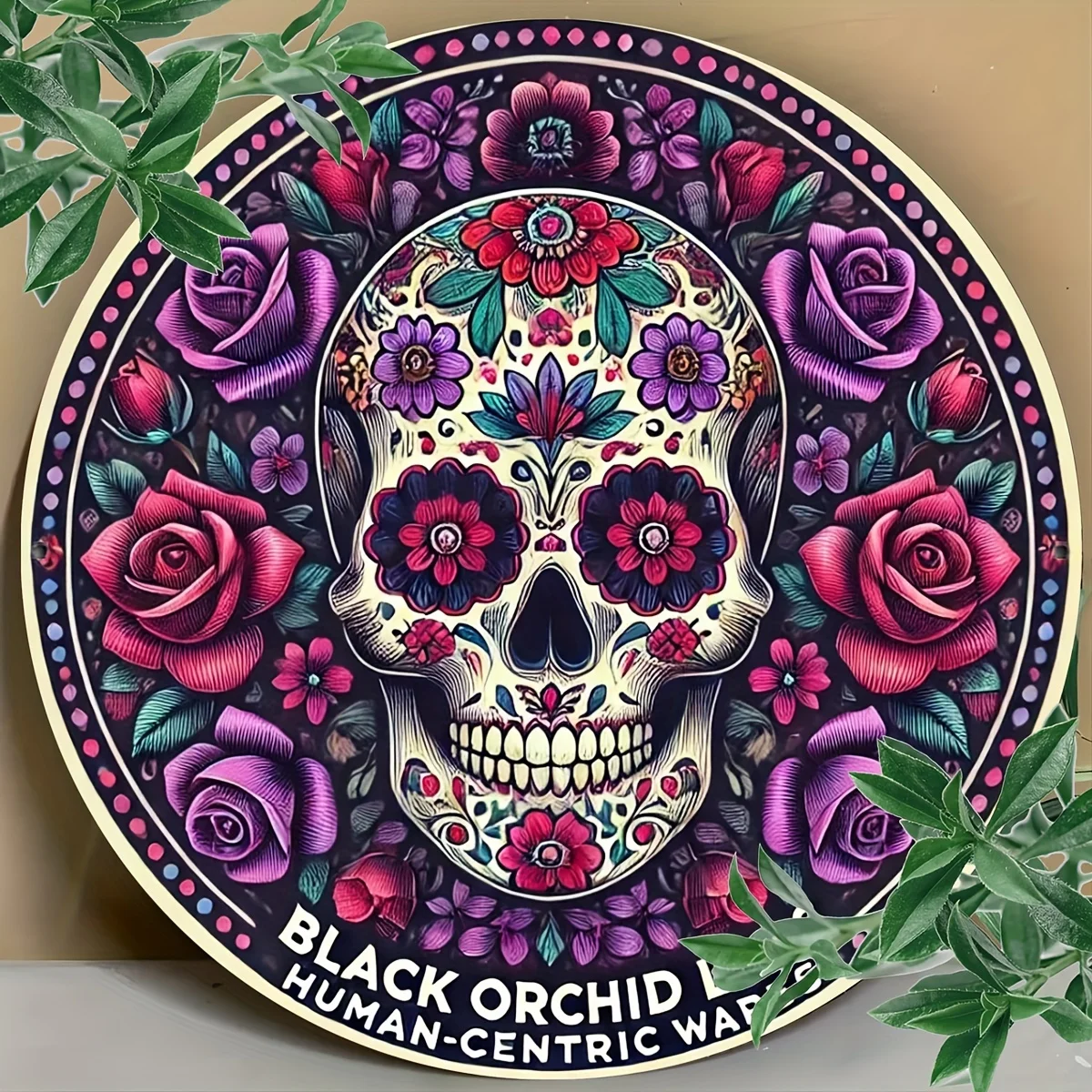 1 Stück 20,3 x 20,3 cm großes Metallschild „Day of the Dead“ mit Zuckerschädel – lebendige mexikanische Karnevalskunst mit schwarzer Orchidee und Blumenmuster, wasserfest