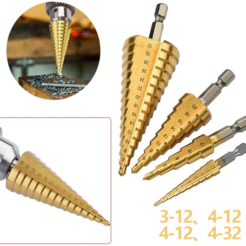 

1pc 1/4 " Titanium Coated Metal Hex Core Drill Bits Hss Step Drill Bit Cone Hole Cutter Taper Metric 3-12mm/4-12mm/4-20mm/4-32mm