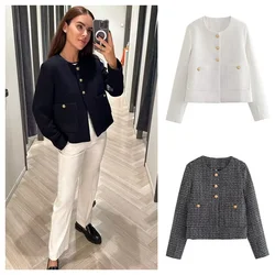 PB&ZA2024 Summer New Women's Fashion Style Casual Loose Solid Color Versatile Short Round Neck Texture Jacket Coat