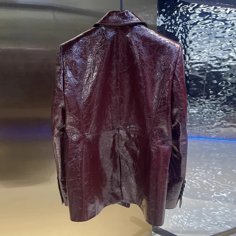 Eleganckie damskie marynarki ze skóry naturalnej w kolorze wina, skóra olejowana, dwurzędowe, importowane płaszcze damskie ze skóry owczej klasy A.
