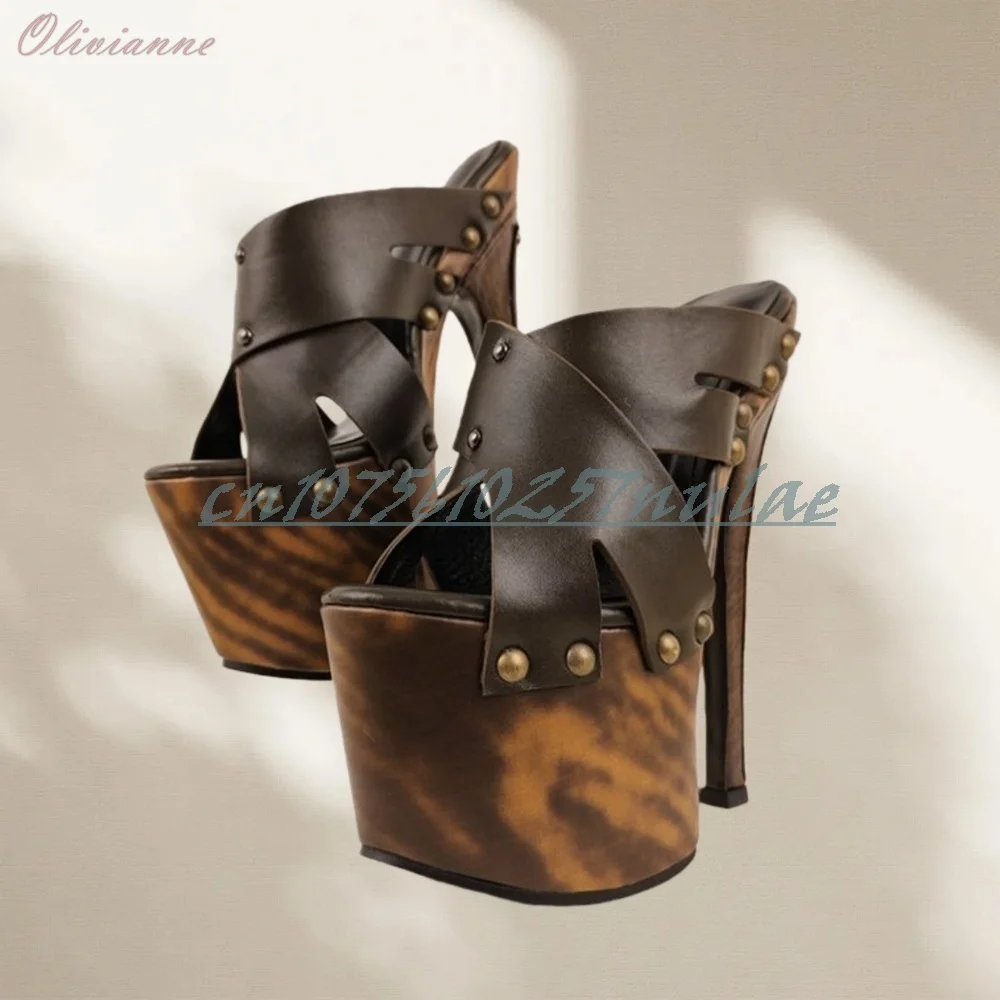 

Retro Style Side Rivets Decor Slippers Cross Tied Lady's Stiletto High Heel Platform Sexy Women Shoes Summer Zapatos Para Mujere