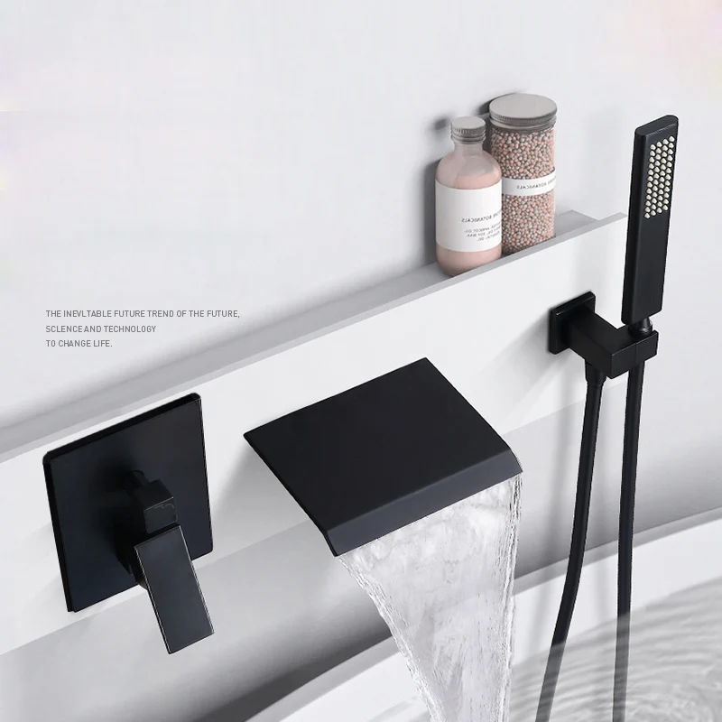 

Wall Mount Bathtub Faucet Bath Tub Faucet Set Waterfall Tub Filler, Hot And Cold Water Brass Body With Handheld Shower Wall