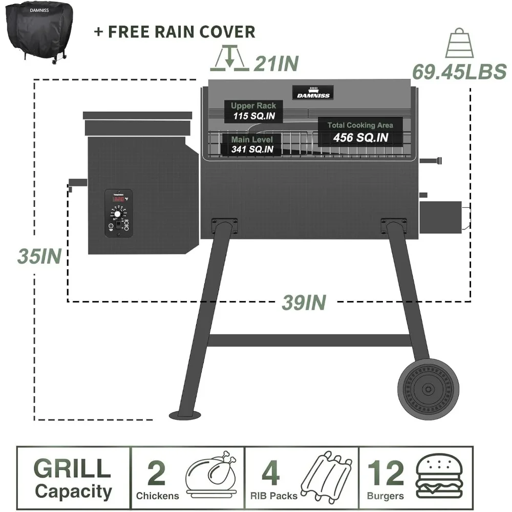 Wood Pellet Grill & Smoker 8-in-1 Pellet Grill with Automatic Temperature Control, & Rain Cover 456 Sq.BBQ Grills