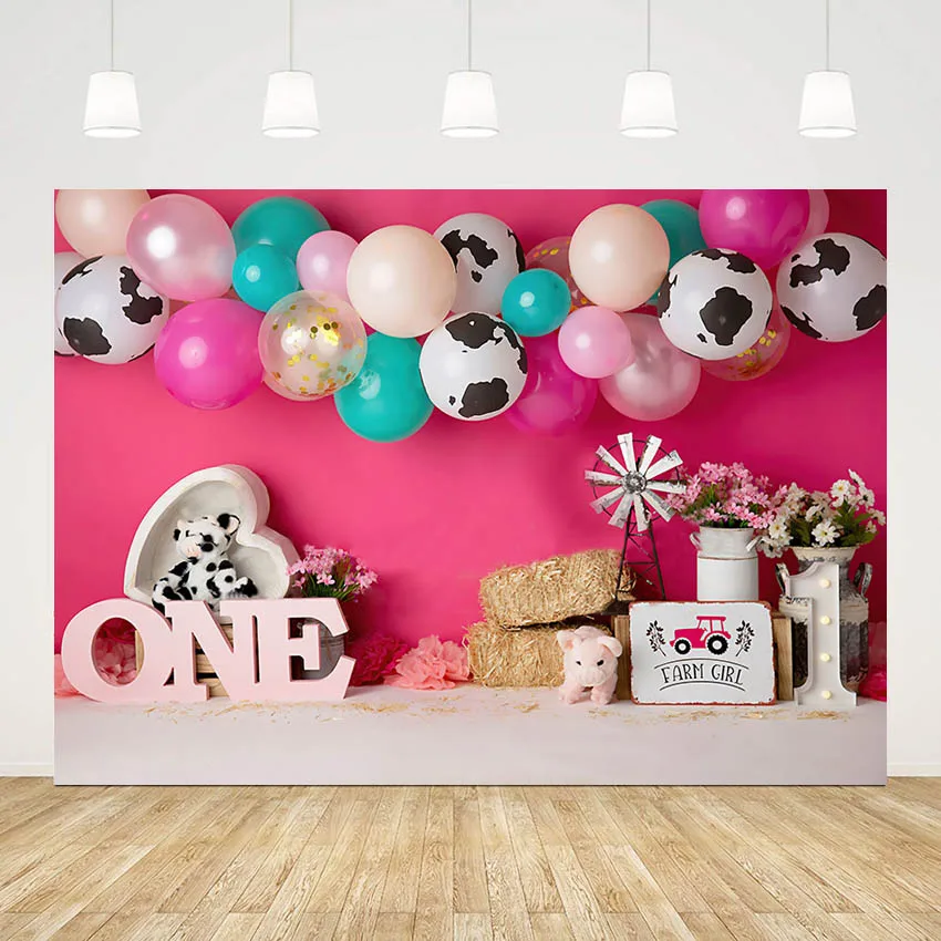 Mehofond Photography Background Pink Flower Balloons Farm Girl 1st Birthday Party Haystack Toy Cow Pig Backdrop Photo Studio