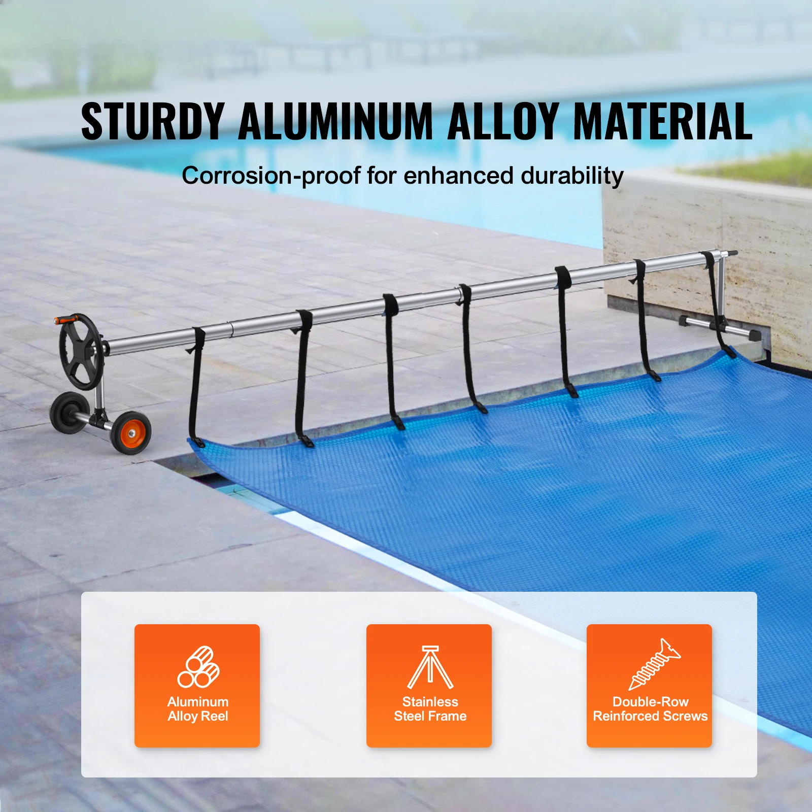 

%a 14/18/20/22 ft Pool Cover Reel Solar Inground Cover Aluminum Reel Set with Sandbags Fits for 3-14 ft Width Swimming Pools