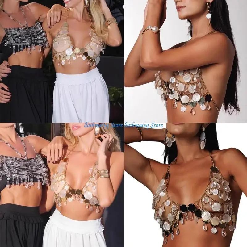 

573B Sparkling Sequins Halterneck Crop Top with Crystal Tassels Chest Chain Bra Body Jewelry for Women Party Outfit