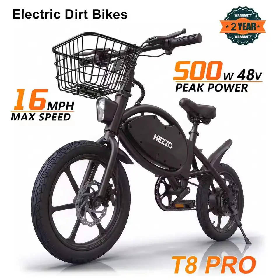 HEZZO T8PRO Foldable Electric Bike for Adults, 48V 500W Peak 750W Brushless Motor, 16‑Inch Carbon Steel Frame E‑Bike, 7.8Ah 499Wh Lithium Battery, Max 25KM/H, 30‑35KM / 21Miles Range, Dual Disc Brakes, LED Headlight, Commuter Folding E‑Bicycle