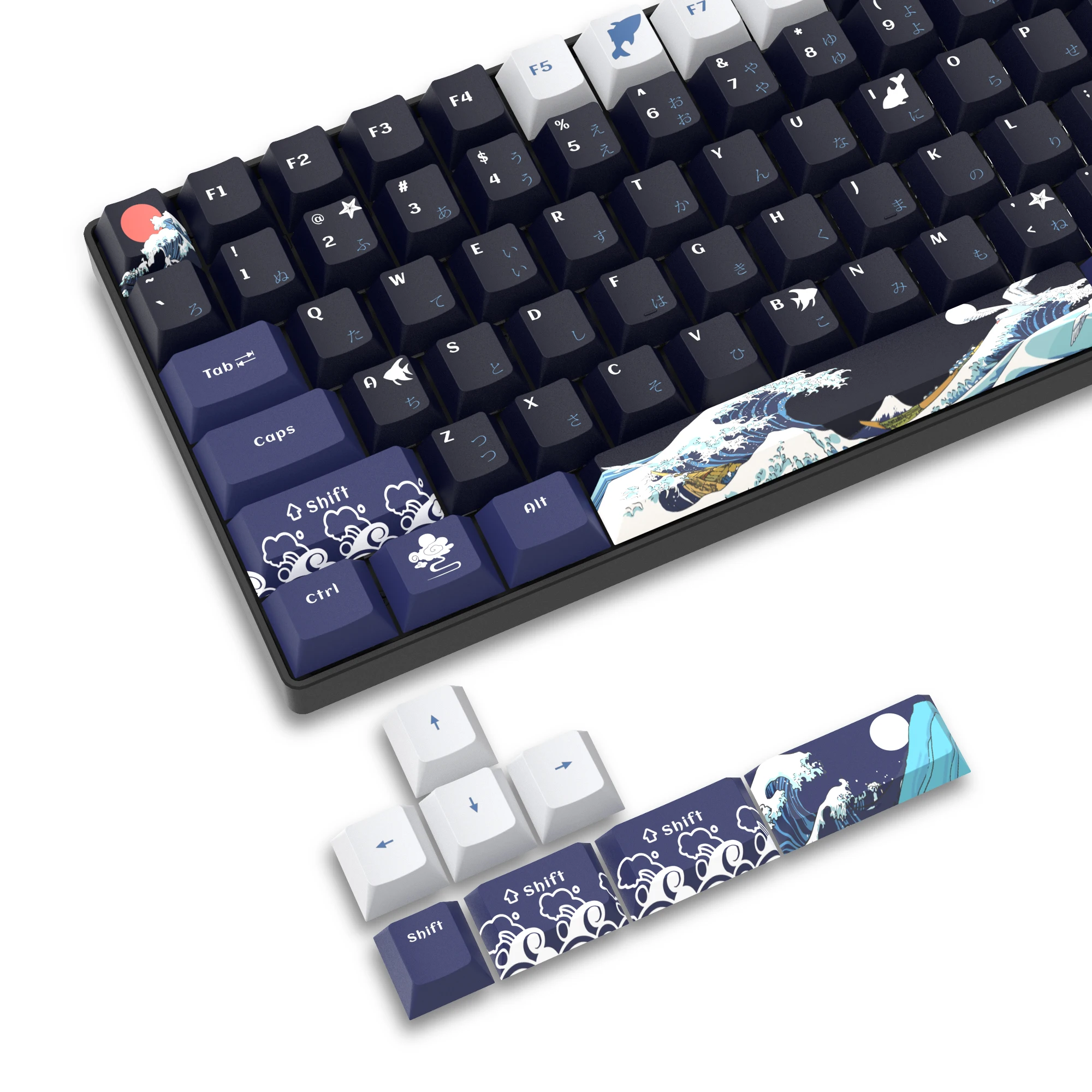 DYE-Sub PBT Keycaps Cherry Profile Great Wave Off Kanagawa Japanese Keycaps for 61/64/66/68 Cherry Gateron MX Switches Keyboard