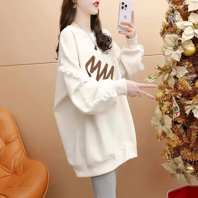 Felpa con cappuccio sottile medio lungo Graffiti con personalità da donna, maniche patchwork con bordo arricciato, top ampio con blocco della carne