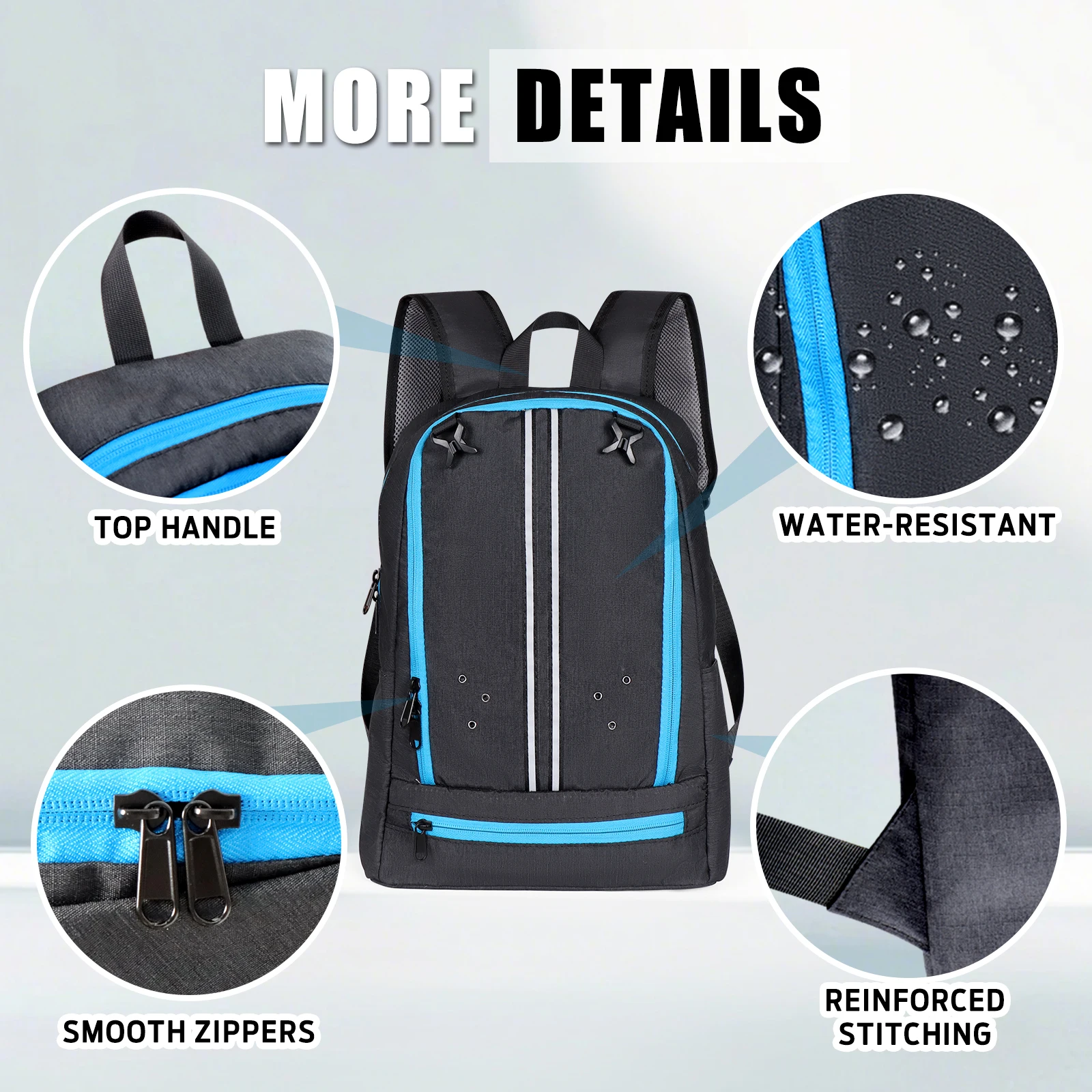 カスタマイズ可能な大容量防水スポーツバックパック、人間工学に基づいた背面デザイン、折りたたみ式メッシュボールポケット、通気性のあるシューズコンパートメント