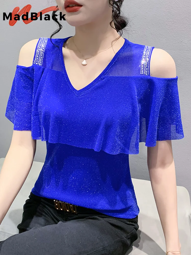 MadBlack 2023 New Summer European Clothes Lady T-Shirt Sexy Ruffled V-Neck Hot Drill Woman Tops Short Sleeve New Tees T33105Z