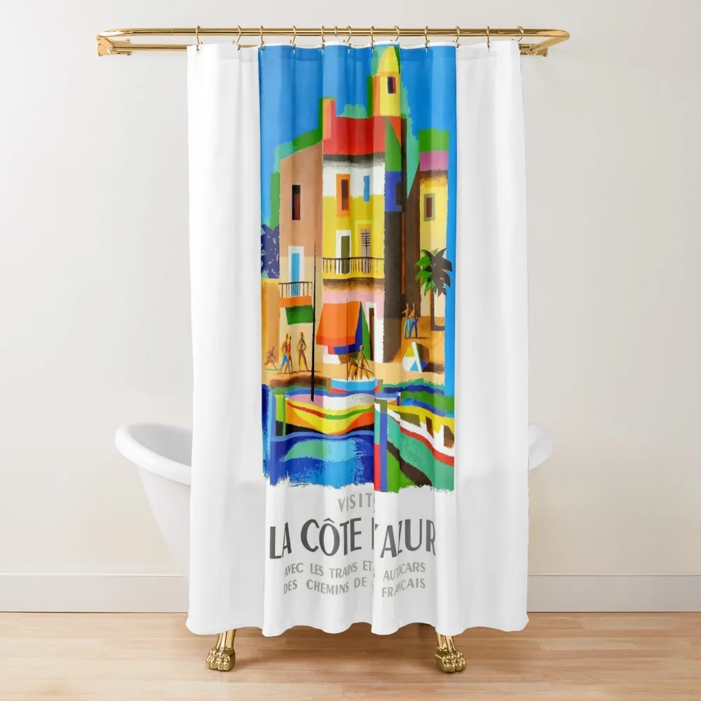 

1963 Cote d'Azur French Riviera Vintage World Travel Poster Shower Curtain Cute Shower Shower For Bathroom Set Curtain