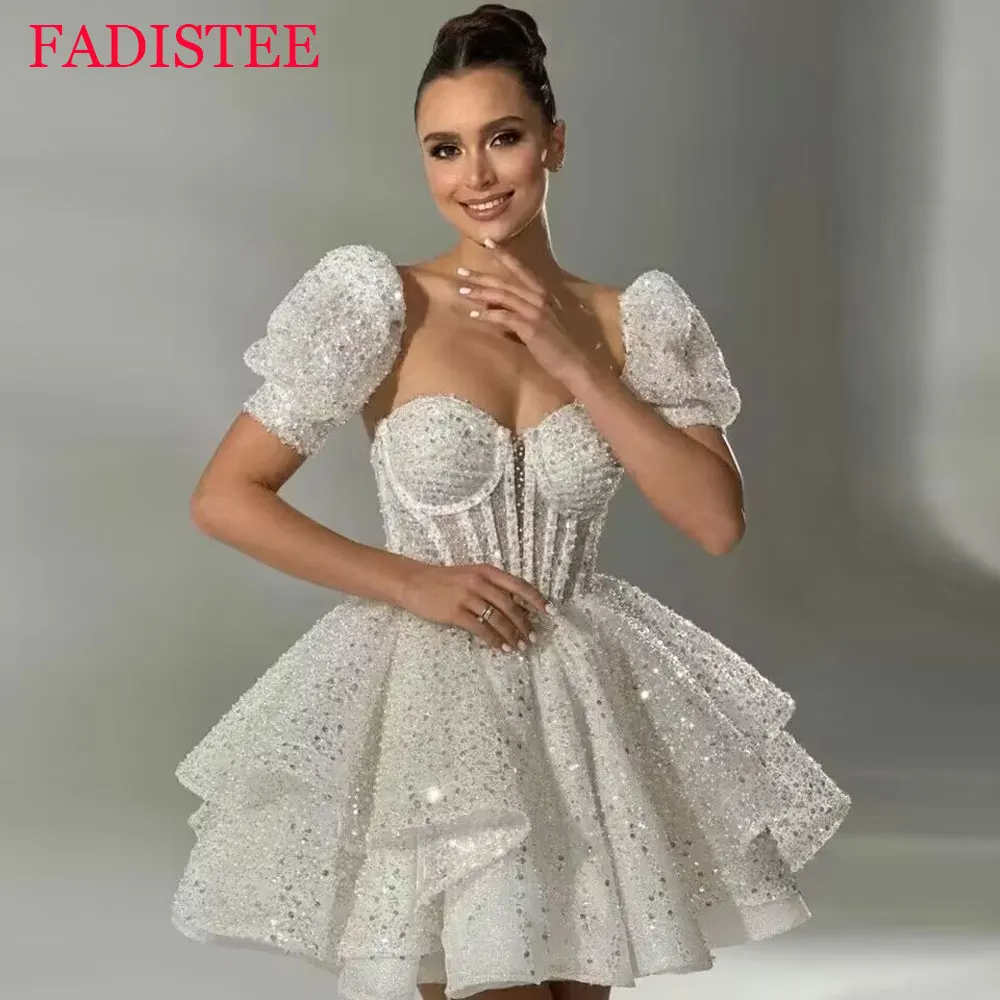 Customized Short Wedding Dresses Sweetheart A-line Mini Evening Dresses Detachable Sleeves Prom Gowns Bride Formal Party Dress