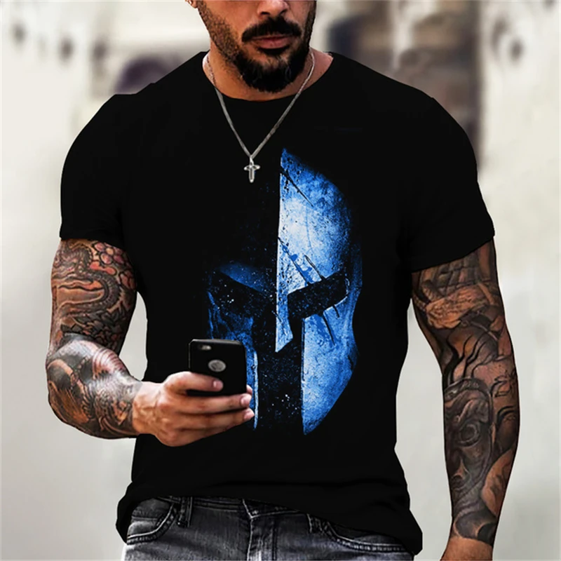 Fashion Spartan Warrior Print T Shirt For Men Hip Hop Trend Harajuku Vintage Clothes Summer Casual O-neck Short Sleeve Loose Top