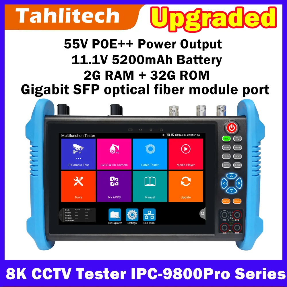 IPC-9800Pro CCTV Tester 8K IP Camera 8MP AHD CVI TVI 7'' IPS Touch Screen VGA HDMI Wifi PoE++ SPF UTP Cable Test Tool