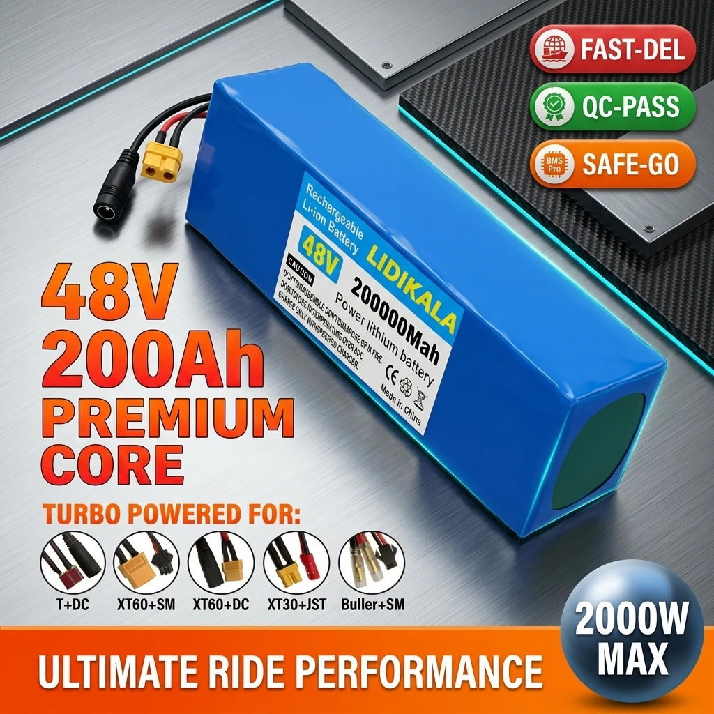 Image of Großkapazitäts-48V-Batterie, 48V 200Ah 2000W 13S3P Lithium-Ionen-Batteriepack, geeignet für 54,6V Elektrofahrräder, Elektroroller mit BMS+Ladegerät.