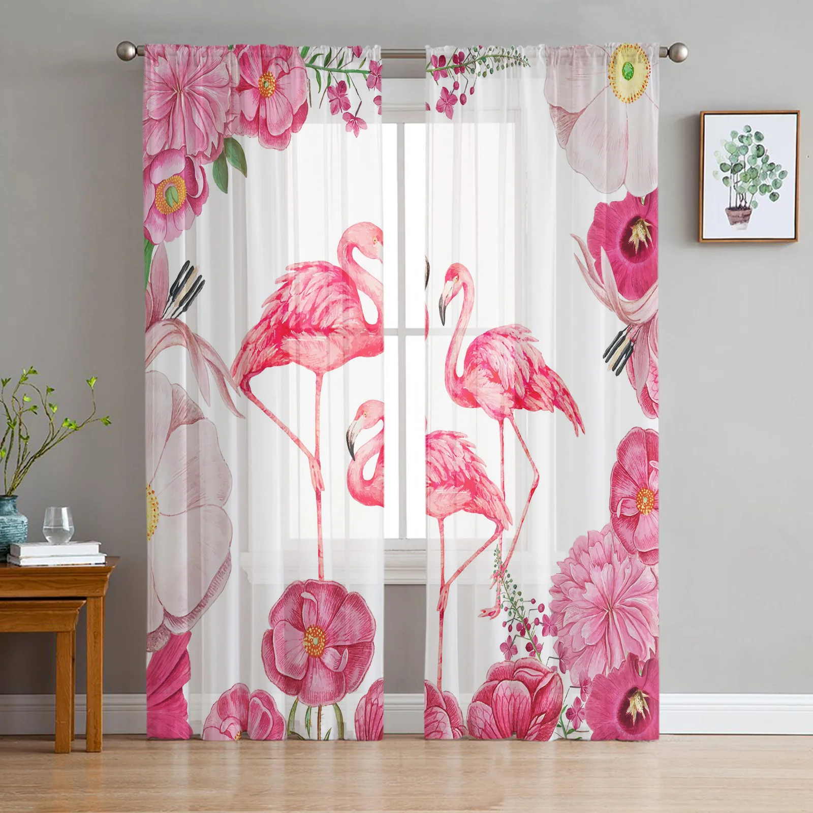 Flamingo Flower Watercolor Tulle Sheer Window Curtains for Living Room the Bedroom Voile Organza Decorative Curtains Drapes