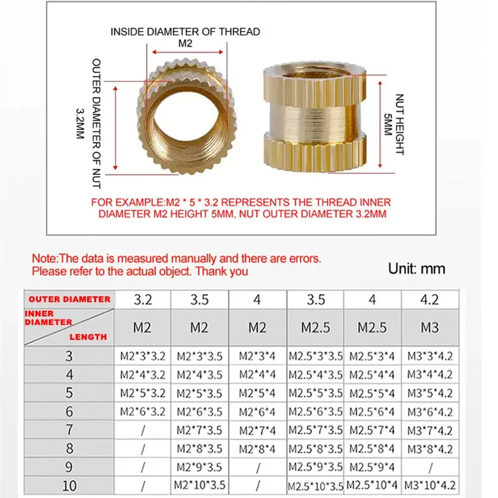 Brass Hot Melt Knurled Insert Nut 304 Stainless Steel Screw Threaded Embedded Copper Nut Bolt Set Kit Printer M1 M1.4 M1.6 M1.7