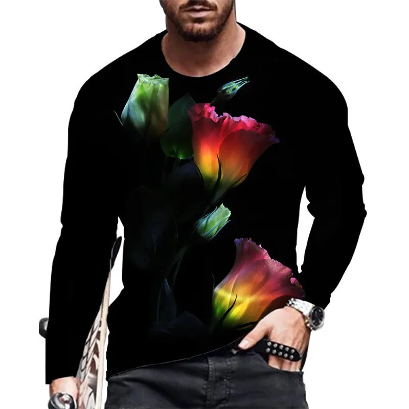 Rose Flower Print Men\'s Casual T-Shirts 6XL Large Size Long Sleeve Street Hip Hop Pullovers Tops O-Neck Spring Autumn Man Tees