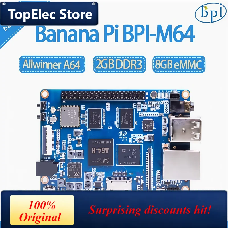 TopElec Banana Pi BPI-M64 single board computer adopts Allwinner A64 design, 2 GB RAM and 8G eMMC