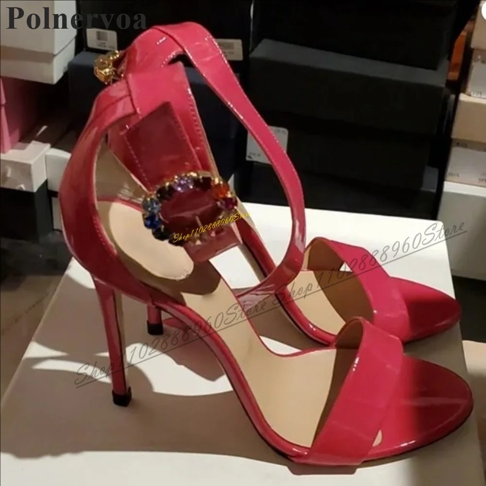 

Trendy Pink Patent Leather Elegant Sandals Thin High Heel Shoes For Women Ankle Buckle Strap Open Toe 2024 Zapatos Para Mujere