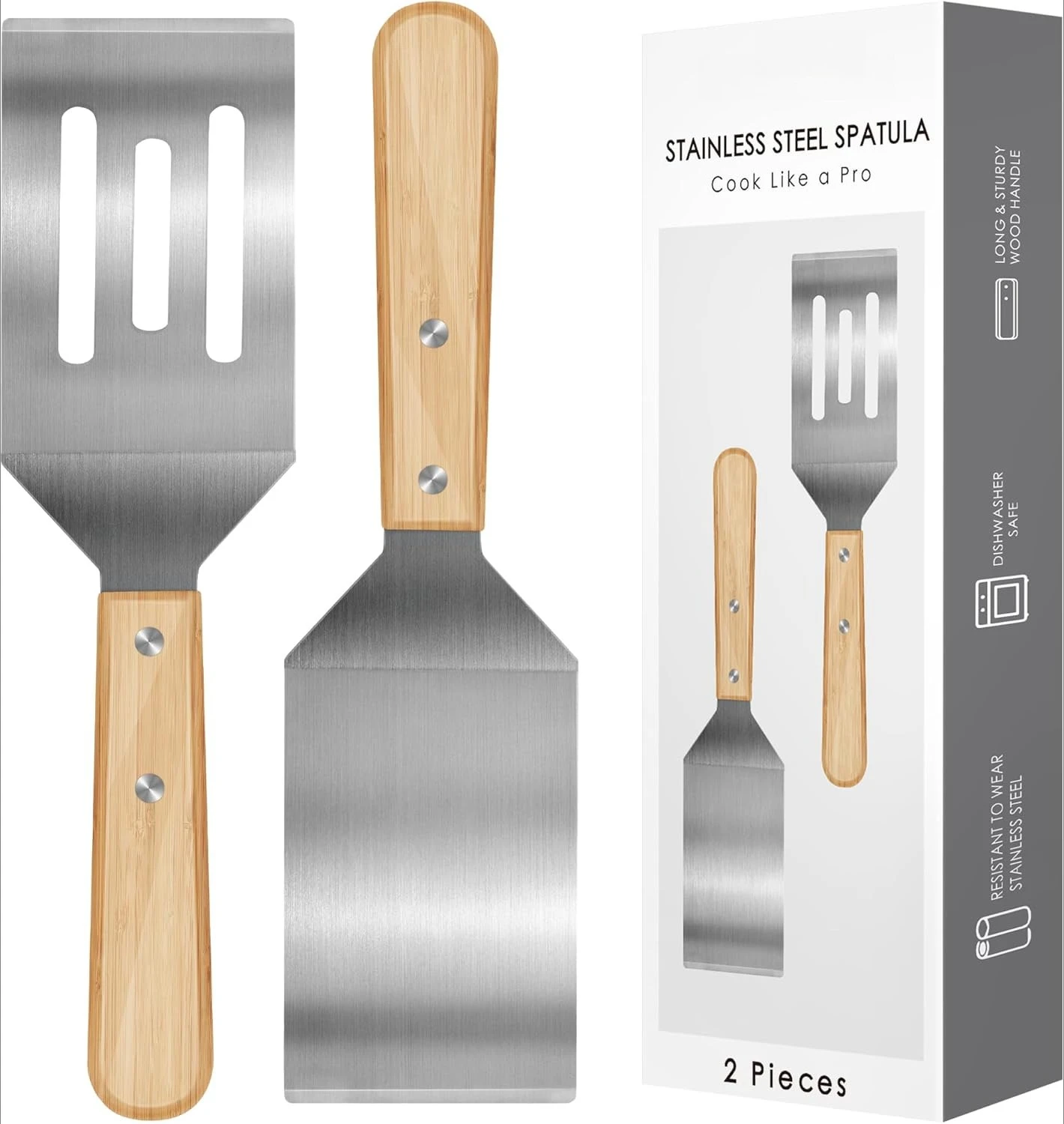 

2Pcs Stainless Steel Spatula Set, Wooden Handle Metal Spatulas for Cast Iron Skillet Cooking